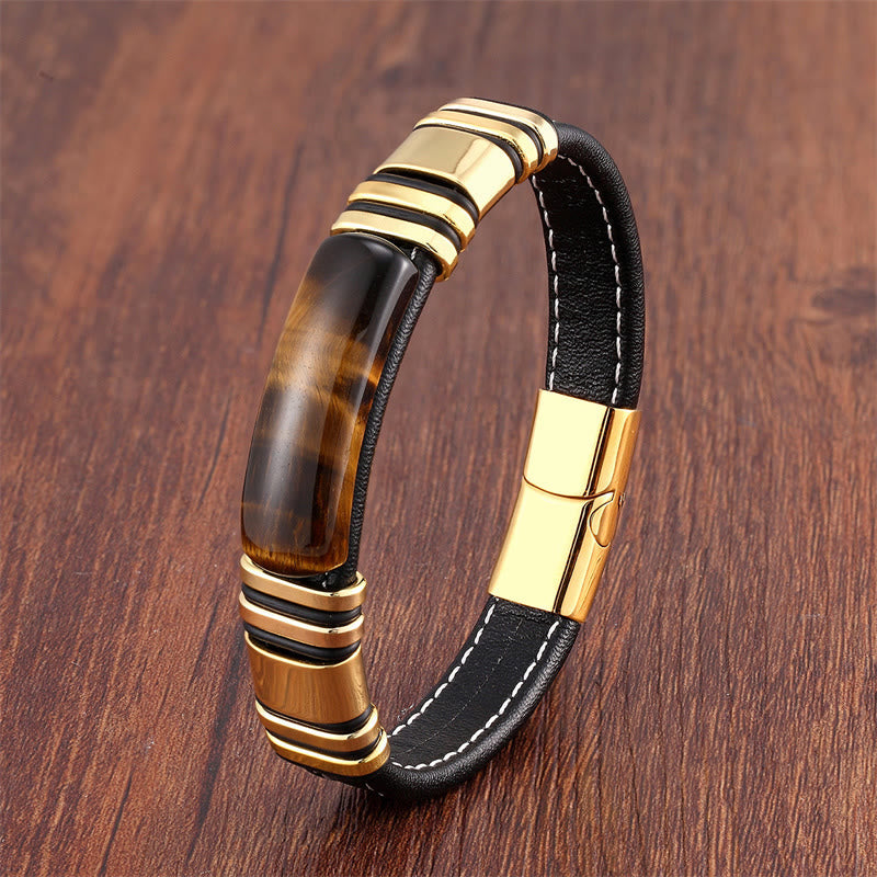 Wear FengShui Tiger Eye Stone Clear Thinking Leather Buckle Bracelet