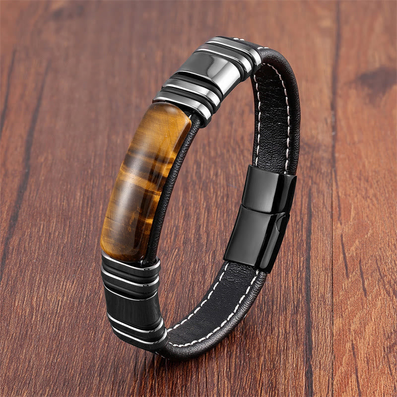Wear FengShui Tiger Eye Stone Clear Thinking Leather Buckle Bracelet