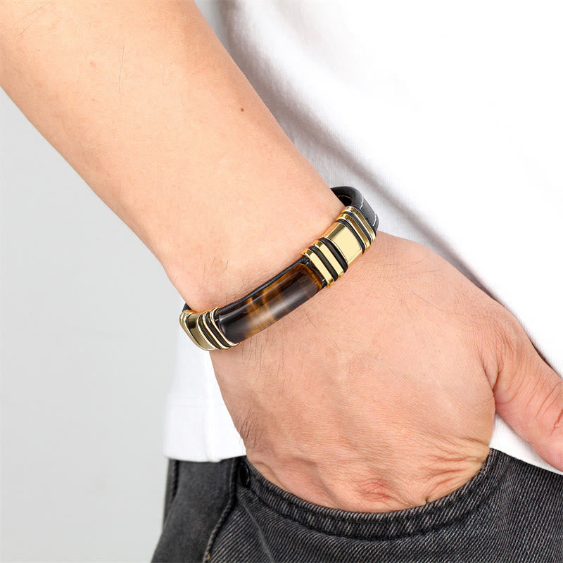 Wear FengShui Tiger Eye Stone Clear Thinking Leather Buckle Bracelet