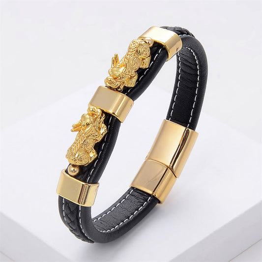Wear FengShui Double PiXiu Wealth Luck Leather Magnetic Buckle Bracelet