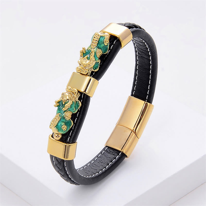 Wear FengShui Double PiXiu Wealth Luck Leather Magnetic Buckle Bracelet