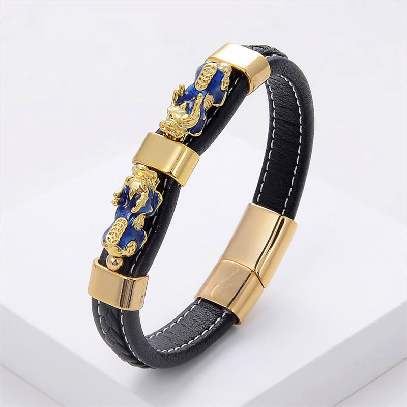 Wear FengShui Double PiXiu Wealth Luck Leather Magnetic Buckle Bracelet