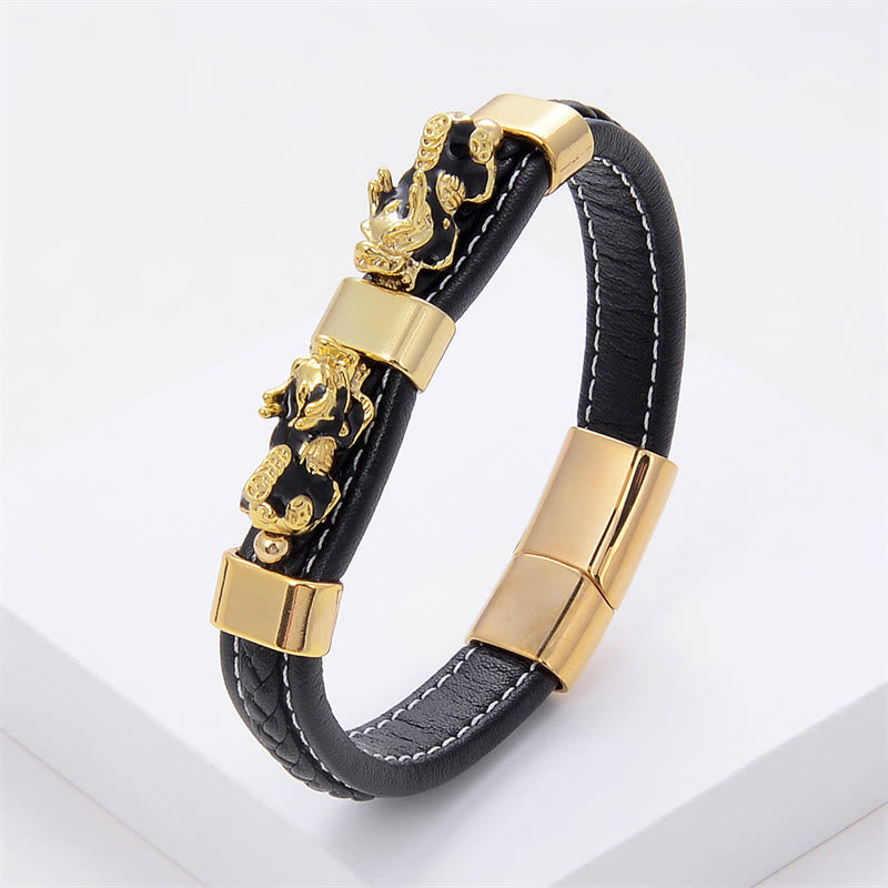 Wear FengShui Double PiXiu Wealth Luck Leather Magnetic Buckle Bracelet