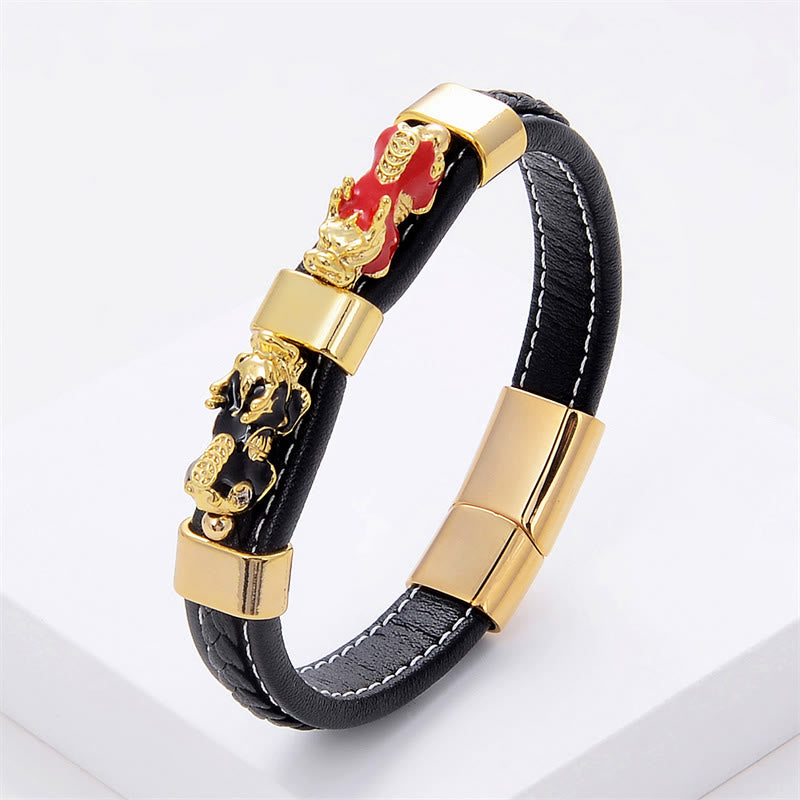 Wear FengShui Double PiXiu Wealth Luck Leather Magnetic Buckle Bracelet