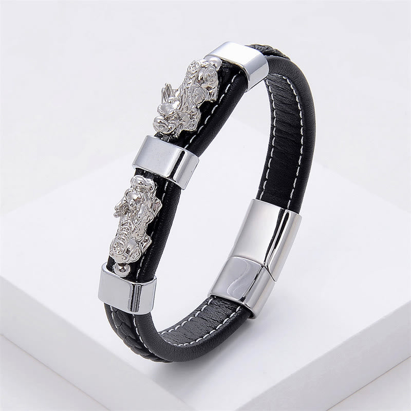 Wear FengShui Double PiXiu Wealth Luck Leather Magnetic Buckle Bracelet