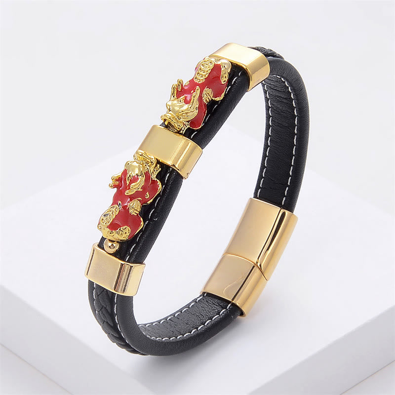 Wear FengShui Double PiXiu Wealth Luck Leather Magnetic Buckle Bracelet