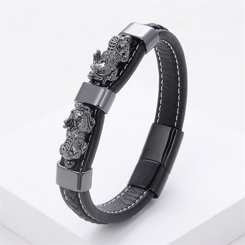 Wear FengShui Double PiXiu Wealth Luck Leather Magnetic Buckle Bracelet