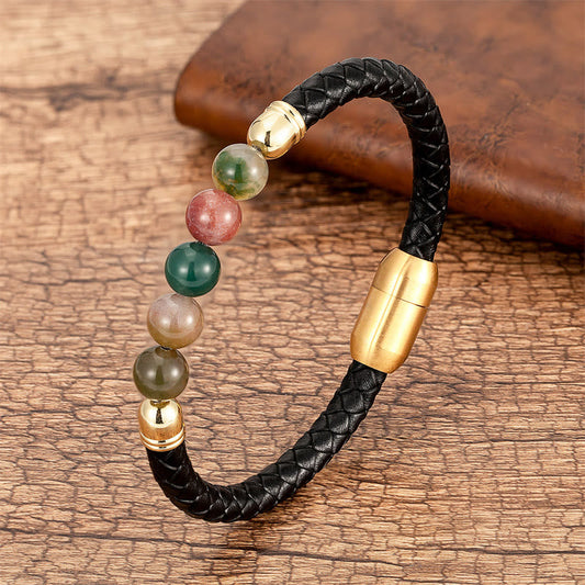 Wear FengShui Blue Agate Tiger Eye Lava Rock Black Onyx Lazurite Bead Protection Leather Bracelet