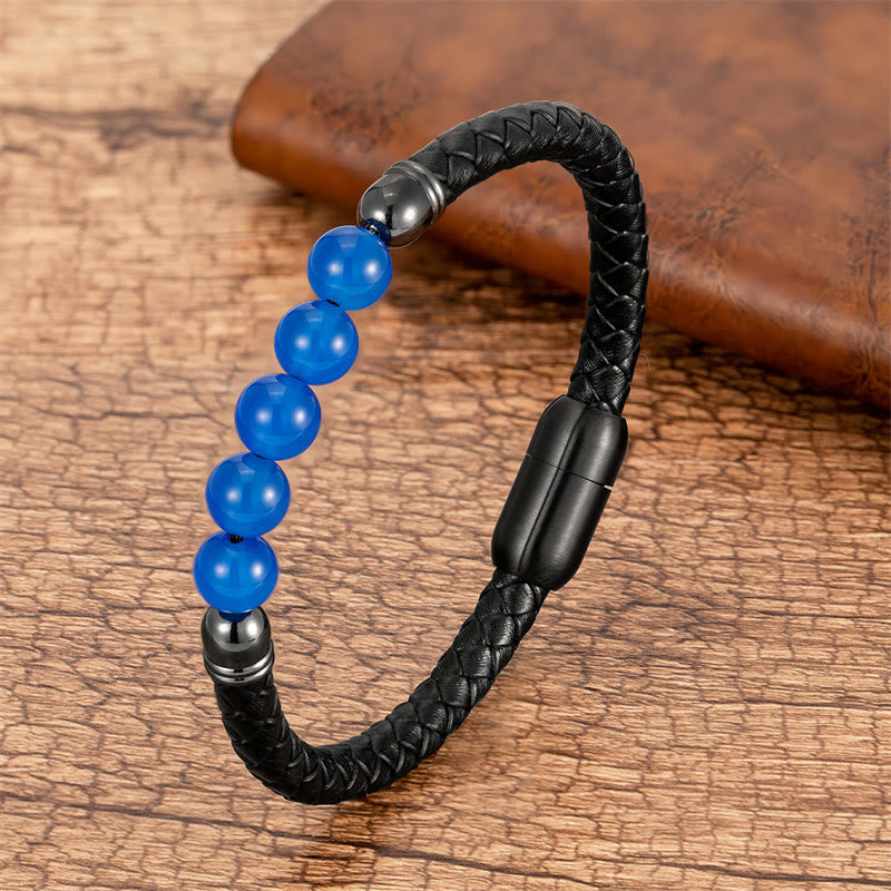 Wear FengShui Blue Agate Tiger Eye Lava Rock Black Onyx Lazurite Bead Protection Leather Bracelet