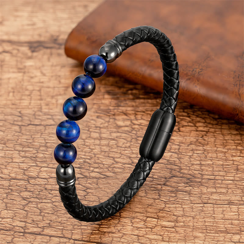 Wear FengShui Blue Agate Tiger Eye Lava Rock Black Onyx Lazurite Bead Protection Leather Bracelet