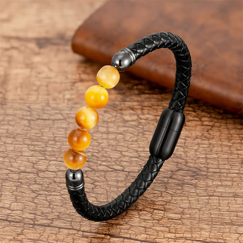 Wear FengShui Blue Agate Tiger Eye Lava Rock Black Onyx Lazurite Bead Protection Leather Bracelet