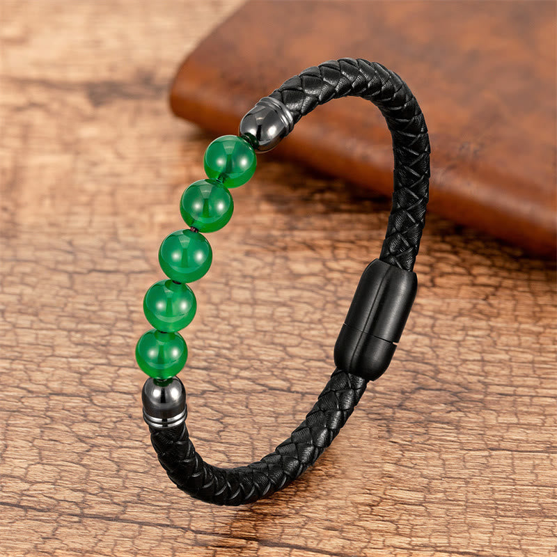 Wear FengShui Blue Agate Tiger Eye Lava Rock Black Onyx Lazurite Bead Protection Leather Bracelet