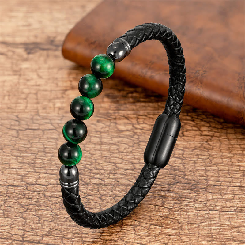 Wear FengShui Blue Agate Tiger Eye Lava Rock Black Onyx Lazurite Bead Protection Leather Bracelet