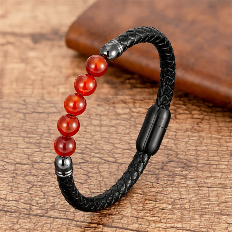 Wear FengShui Blue Agate Tiger Eye Lava Rock Black Onyx Lazurite Bead Protection Leather Bracelet