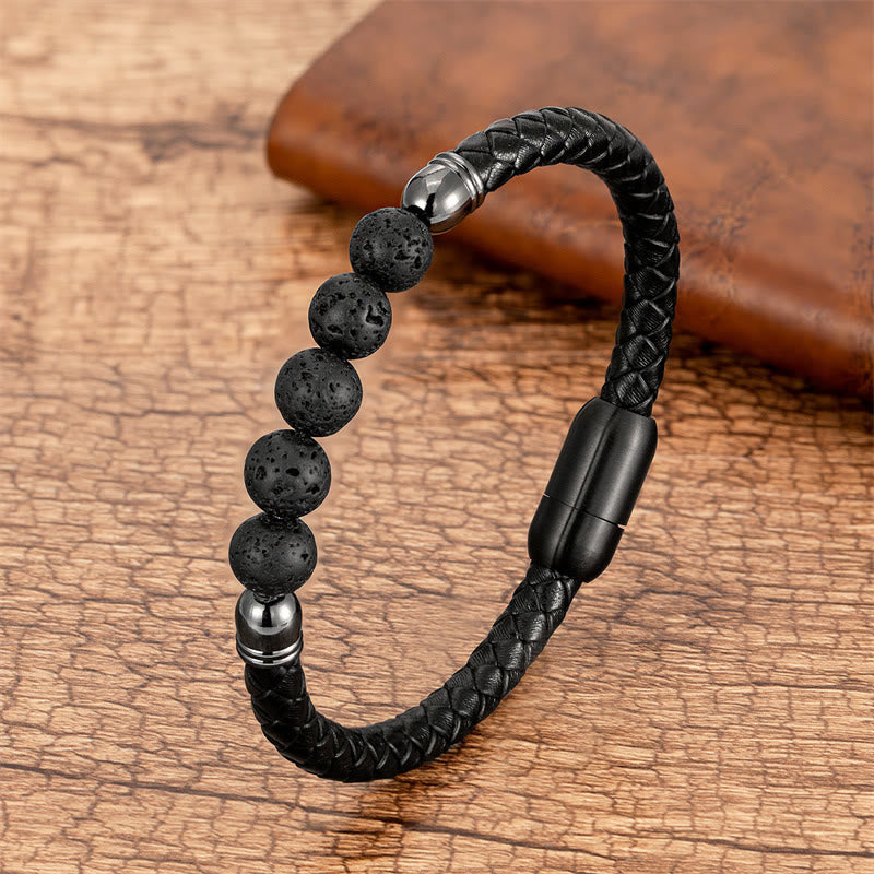 Wear FengShui Blue Agate Tiger Eye Lava Rock Black Onyx Lazurite Bead Protection Leather Bracelet