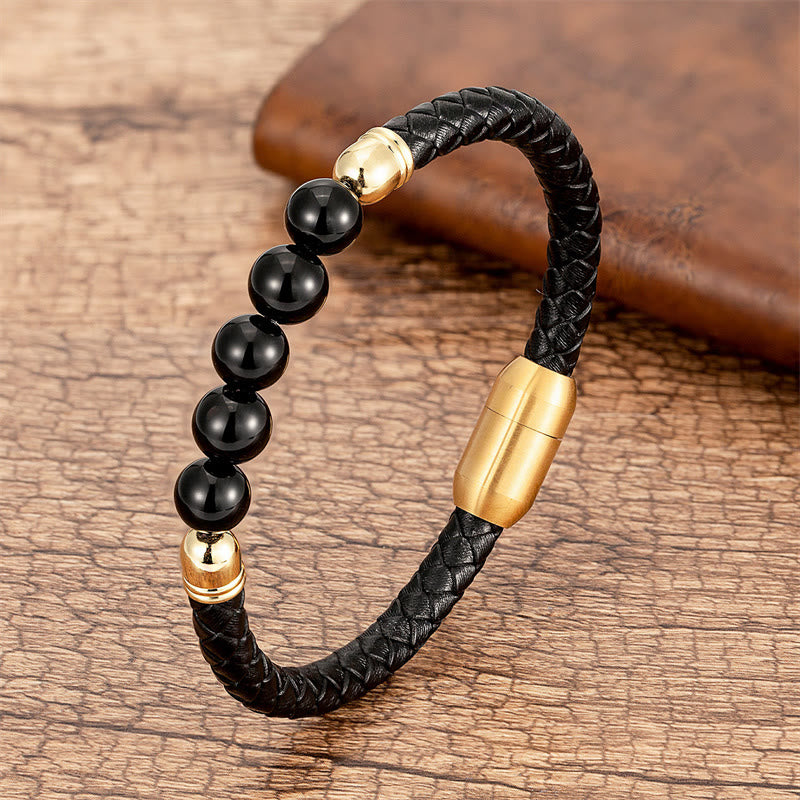 Wear FengShui Blue Agate Tiger Eye Lava Rock Black Onyx Lazurite Bead Protection Leather Bracelet