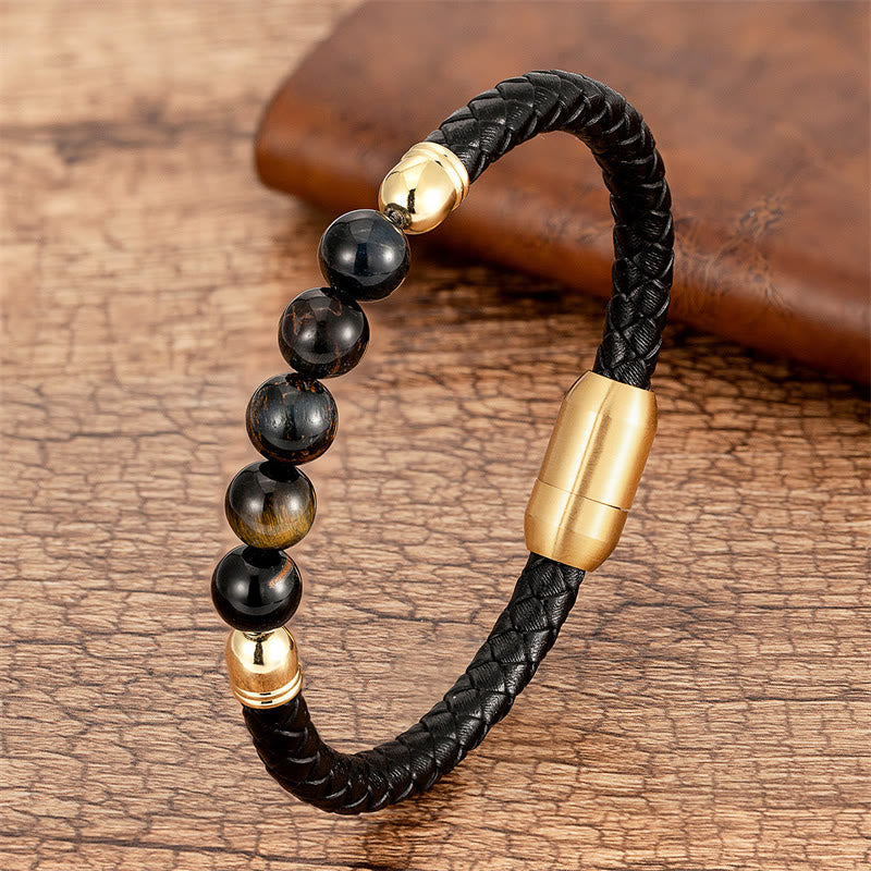 Wear FengShui Blue Agate Tiger Eye Lava Rock Black Onyx Lazurite Bead Protection Leather Bracelet