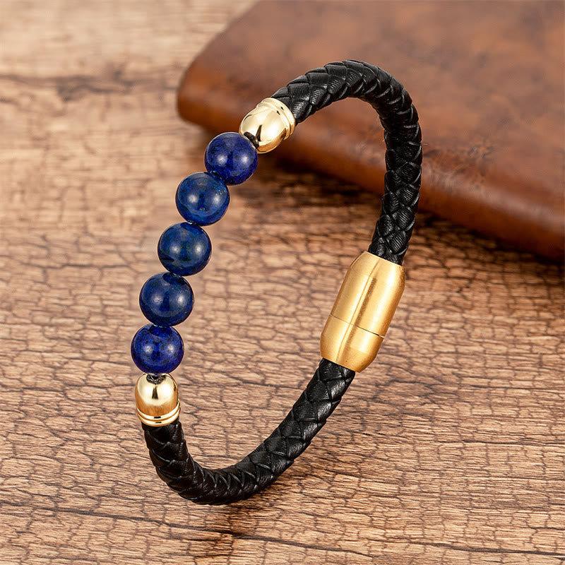 Wear FengShui Blue Agate Tiger Eye Lava Rock Black Onyx Lazurite Bead Protection Leather Bracelet