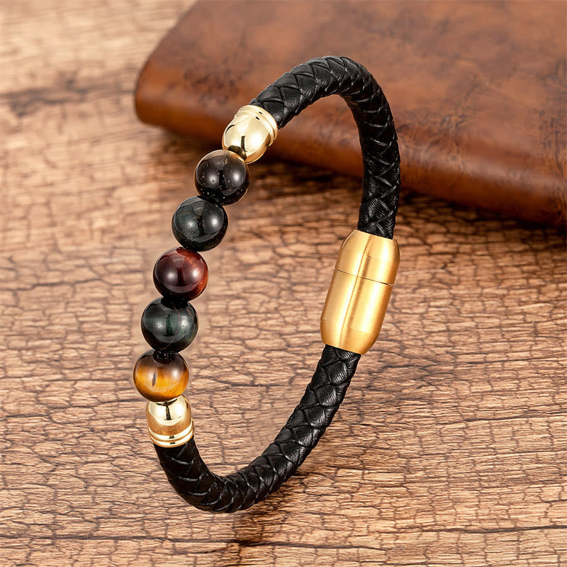 Wear FengShui Blue Agate Tiger Eye Lava Rock Black Onyx Lazurite Bead Protection Leather Bracelet