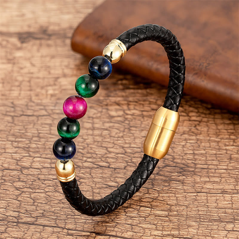Wear FengShui Blue Agate Tiger Eye Lava Rock Black Onyx Lazurite Bead Protection Leather Bracelet