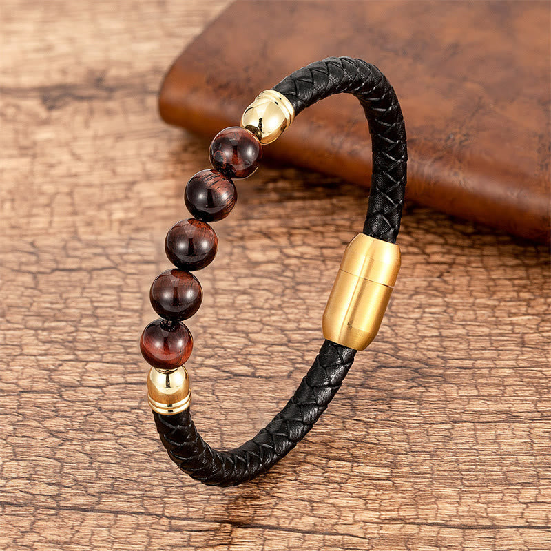 Wear FengShui Blue Agate Tiger Eye Lava Rock Black Onyx Lazurite Bead Protection Leather Bracelet