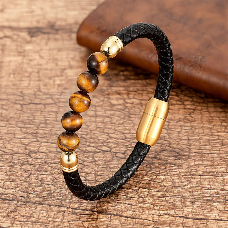 Wear FengShui Blue Agate Tiger Eye Lava Rock Black Onyx Lazurite Bead Protection Leather Bracelet