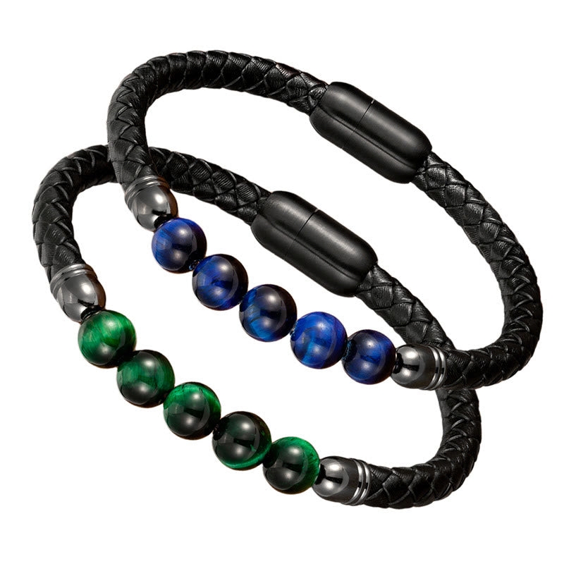Wear FengShui Blue Agate Tiger Eye Lava Rock Black Onyx Lazurite Bead Protection Leather Bracelet