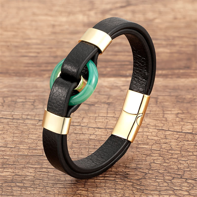 Wear FengShui Round Green Aventurine Black Onyx Hematite Agate Rose Quartz Stone Balance Leather Magnetic Buckle Bracelet