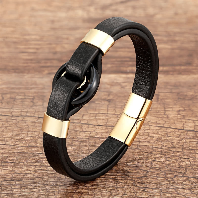 Wear FengShui Round Green Aventurine Black Onyx Hematite Agate Rose Quartz Stone Balance Leather Magnetic Buckle Bracelet