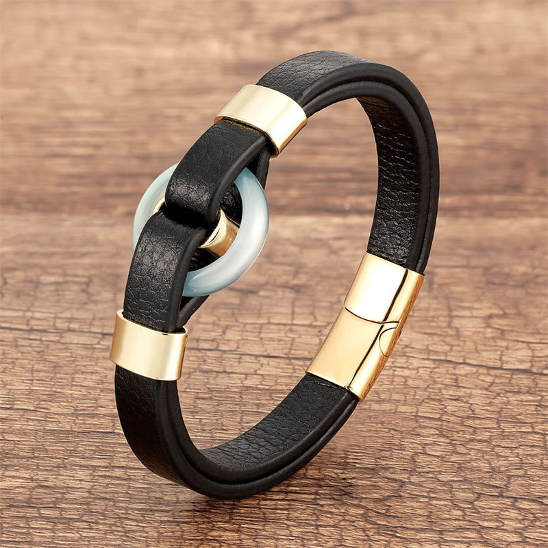 Wear FengShui Round Green Aventurine Black Onyx Hematite Agate Rose Quartz Stone Balance Leather Magnetic Buckle Bracelet