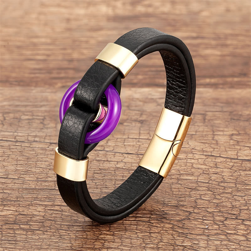 Wear FengShui Round Green Aventurine Black Onyx Hematite Agate Rose Quartz Stone Balance Leather Magnetic Buckle Bracelet