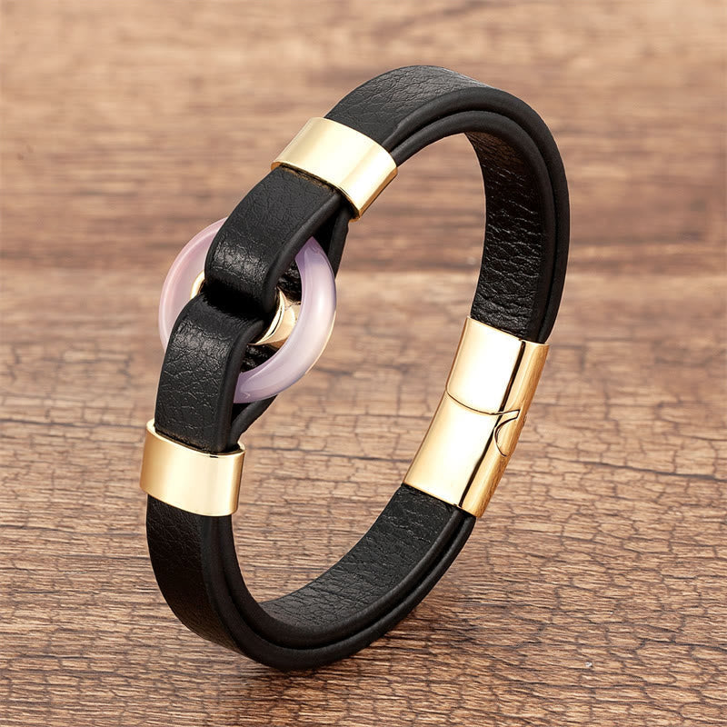 Wear FengShui Round Green Aventurine Black Onyx Hematite Agate Rose Quartz Stone Balance Leather Magnetic Buckle Bracelet