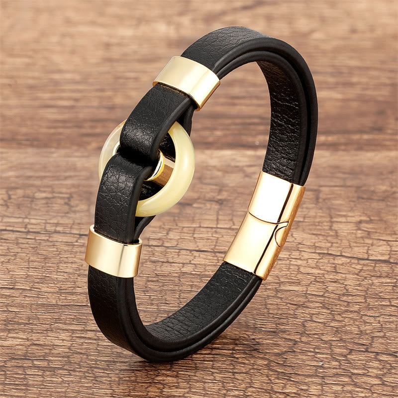 Wear FengShui Round Green Aventurine Black Onyx Hematite Agate Rose Quartz Stone Balance Leather Magnetic Buckle Bracelet
