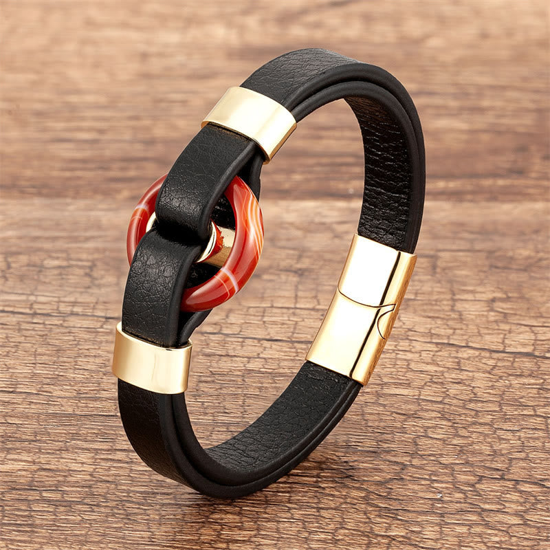 Wear FengShui Round Green Aventurine Black Onyx Hematite Agate Rose Quartz Stone Balance Leather Magnetic Buckle Bracelet