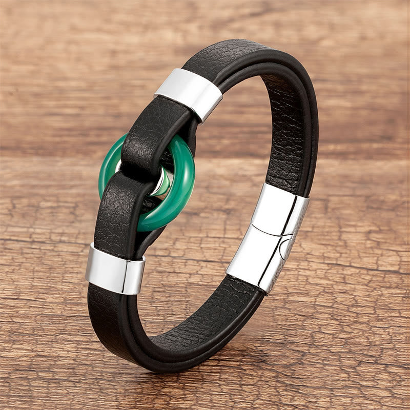 Wear FengShui Round Green Aventurine Black Onyx Hematite Agate Rose Quartz Stone Balance Leather Magnetic Buckle Bracelet