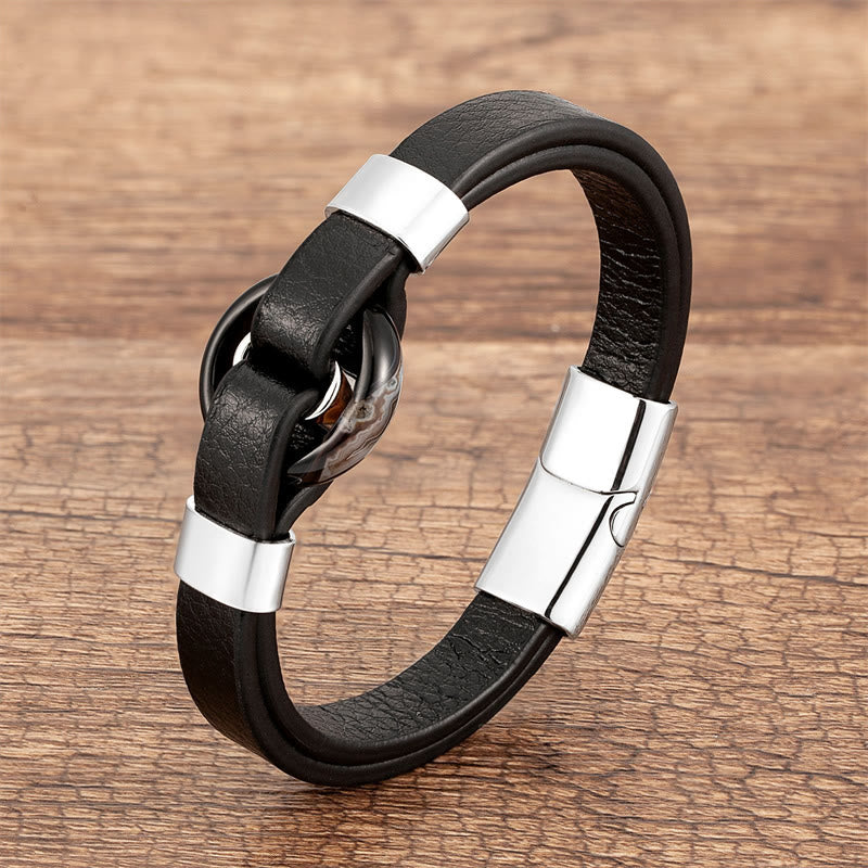 Wear FengShui Round Green Aventurine Black Onyx Hematite Agate Rose Quartz Stone Balance Leather Magnetic Buckle Bracelet