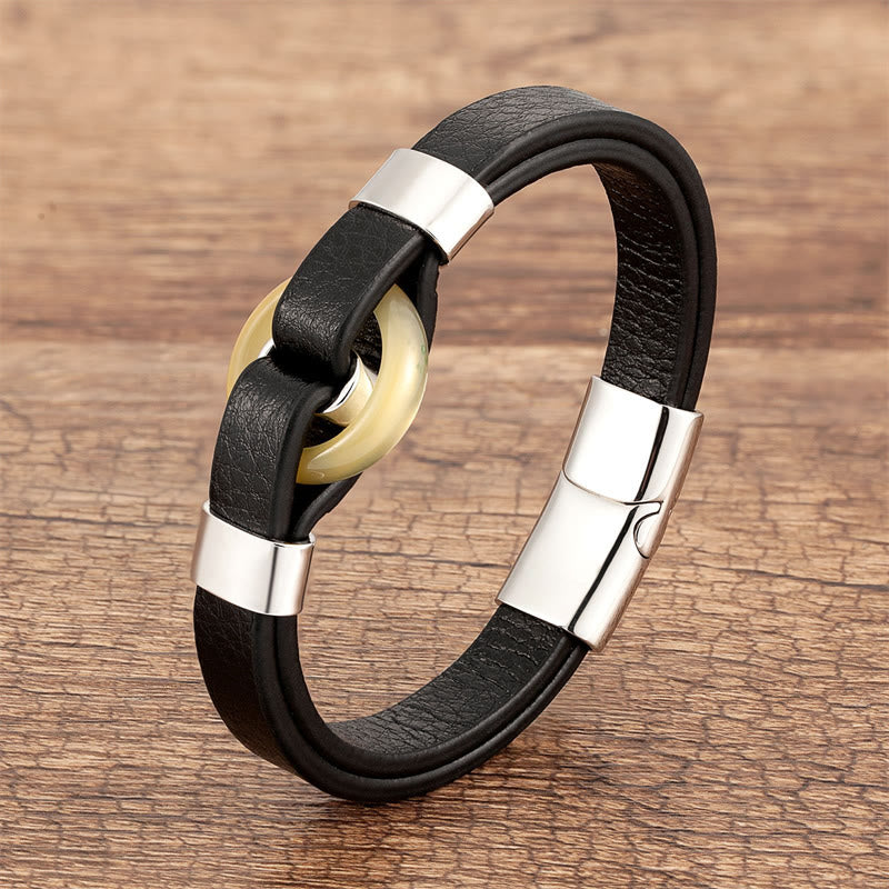 Wear FengShui Round Green Aventurine Black Onyx Hematite Agate Rose Quartz Stone Balance Leather Magnetic Buckle Bracelet