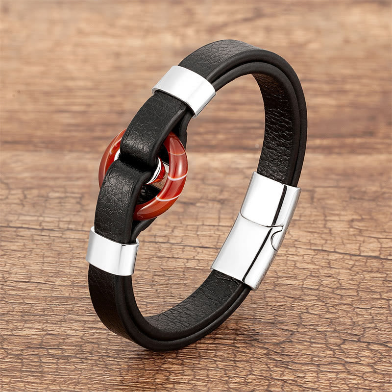 Wear FengShui Round Green Aventurine Black Onyx Hematite Agate Rose Quartz Stone Balance Leather Magnetic Buckle Bracelet