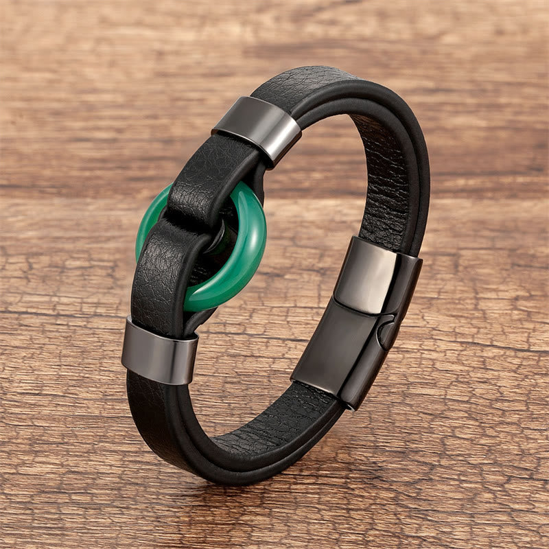 Wear FengShui Round Green Aventurine Black Onyx Hematite Agate Rose Quartz Stone Balance Leather Magnetic Buckle Bracelet