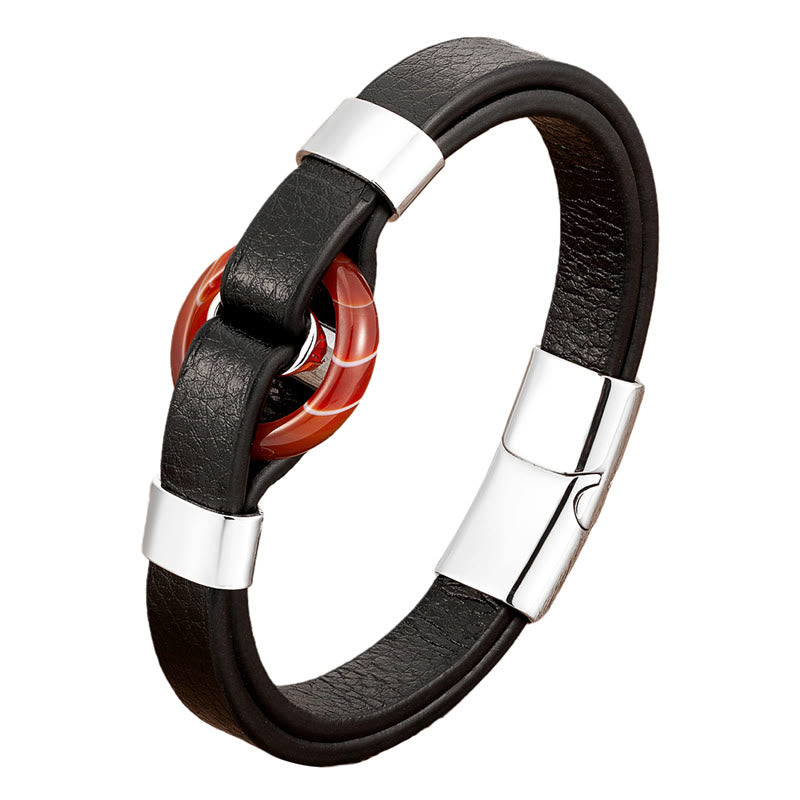 Wear FengShui Round Green Aventurine Black Onyx Hematite Agate Rose Quartz Stone Balance Leather Magnetic Buckle Bracelet