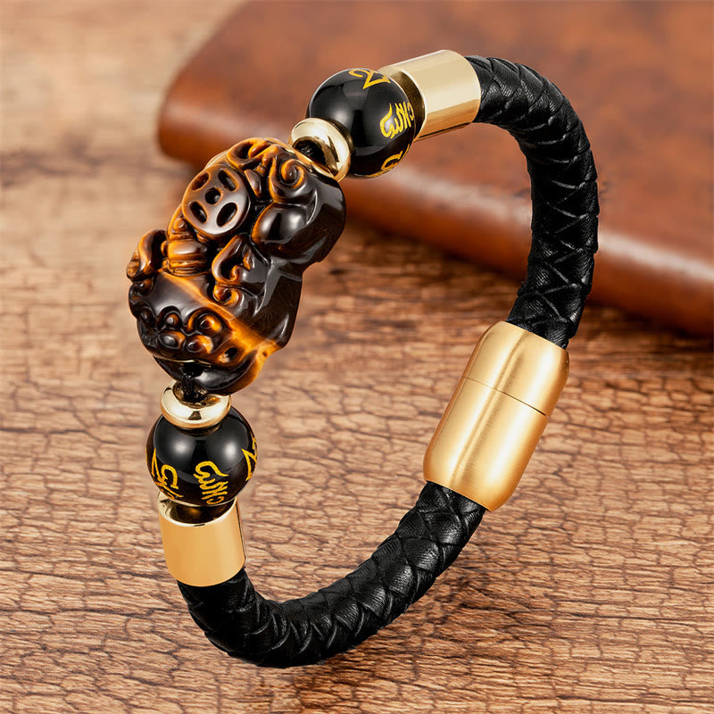 Wear FengShui Tiger Eye Black Onyx Red Agate PiXiu Copper Coin Om Mani Padme Hum Strength Leather Bracelet