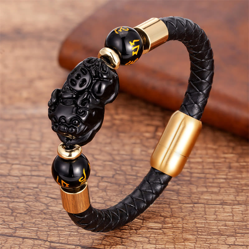 Wear FengShui Tiger Eye Black Onyx Red Agate PiXiu Copper Coin Om Mani Padme Hum Strength Leather Bracelet