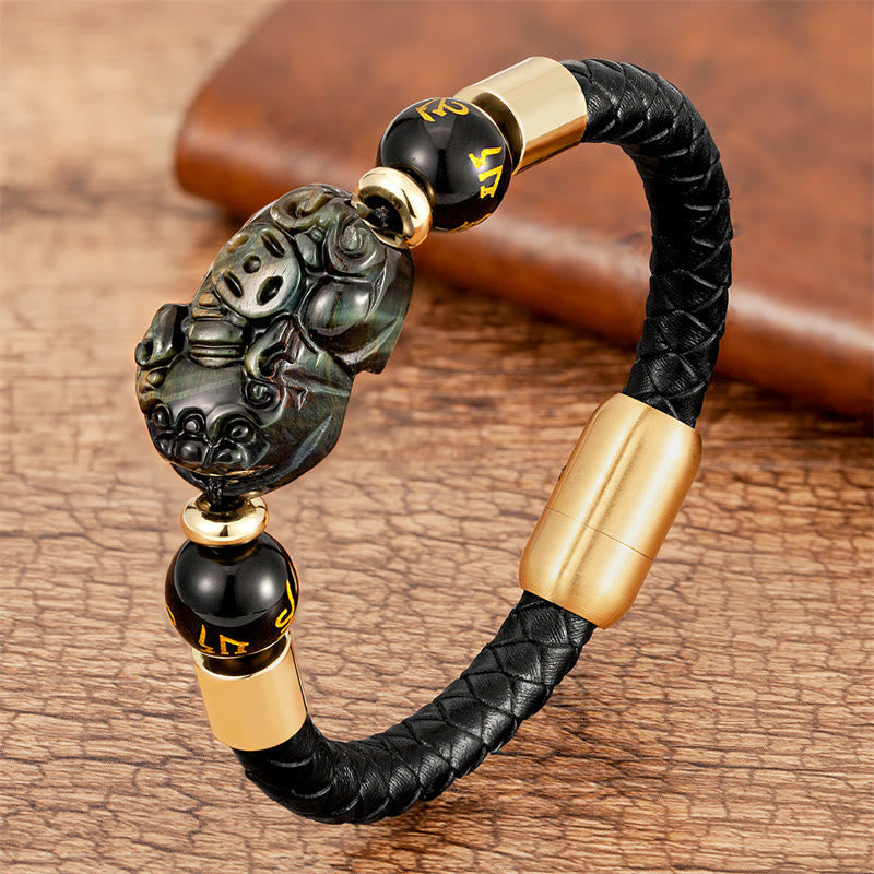 Wear FengShui Tiger Eye Black Onyx Red Agate PiXiu Copper Coin Om Mani Padme Hum Strength Leather Bracelet