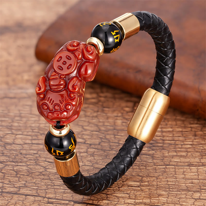 Wear FengShui Tiger Eye Black Onyx Red Agate PiXiu Copper Coin Om Mani Padme Hum Strength Leather Bracelet