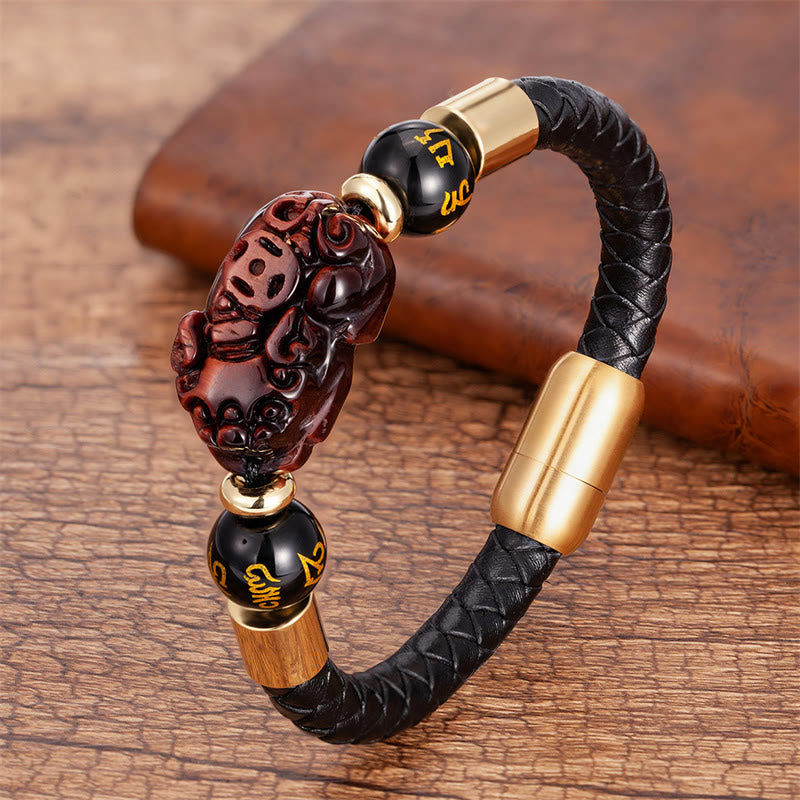 Wear FengShui Tiger Eye Black Onyx Red Agate PiXiu Copper Coin Om Mani Padme Hum Strength Leather Bracelet