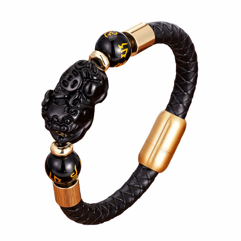 Wear FengShui Tiger Eye Black Onyx Red Agate PiXiu Copper Coin Om Mani Padme Hum Strength Leather Bracelet