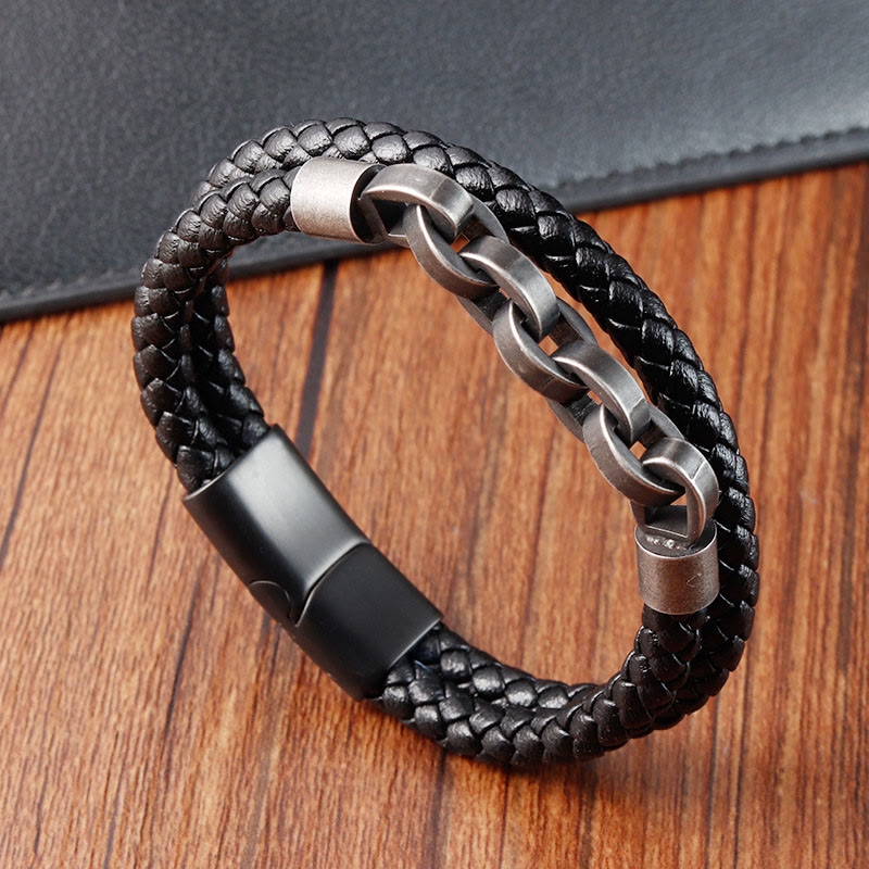 Wear FengShui Chain Design Titanium Steel Balance Leather Braided Buckle Bracelet