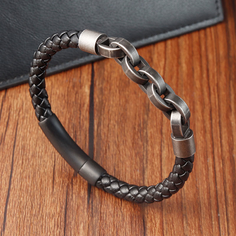 Wear FengShui Chain Design Titanium Steel Balance Leather Braided Buckle Bracelet
