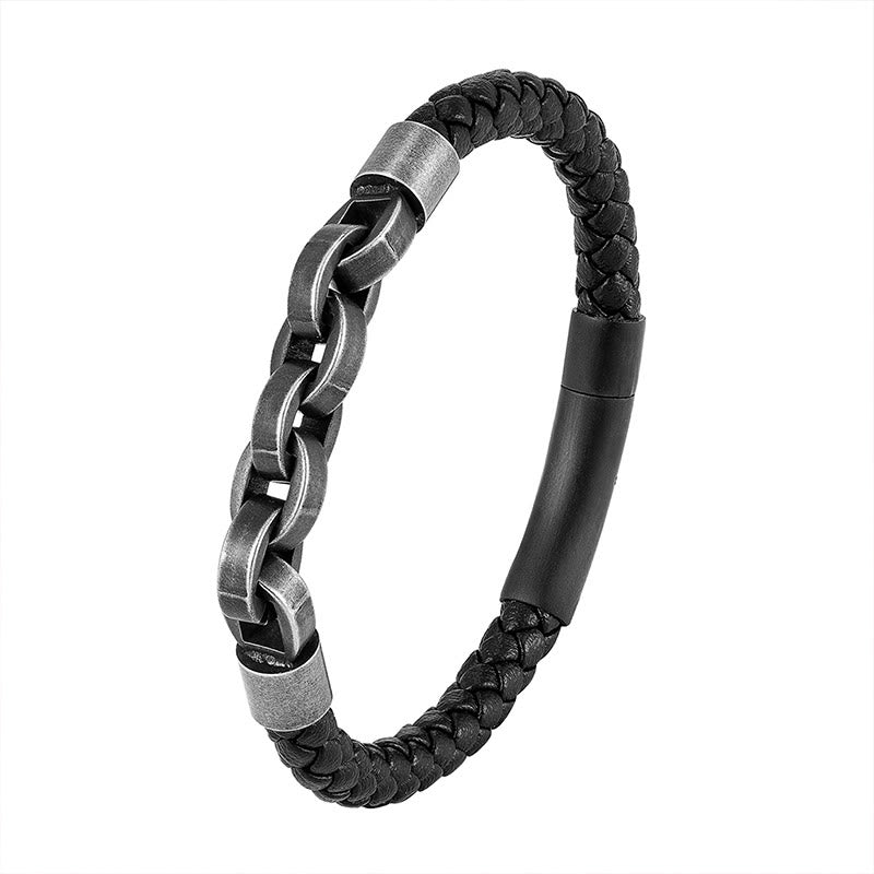 Wear FengShui Chain Design Titanium Steel Balance Leather Braided Buckle Bracelet