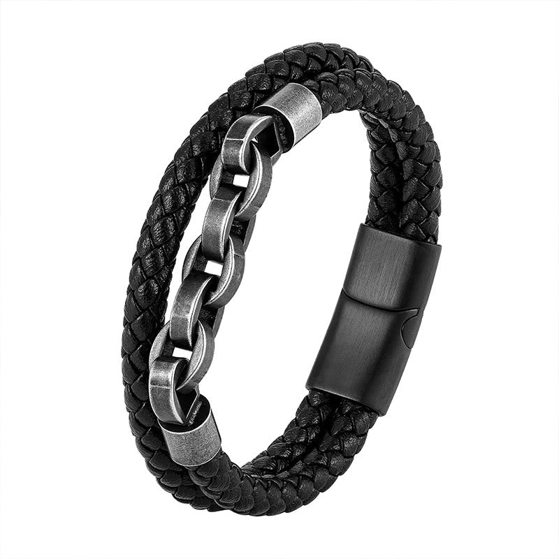 Wear FengShui Chain Design Titanium Steel Balance Leather Braided Buckle Bracelet